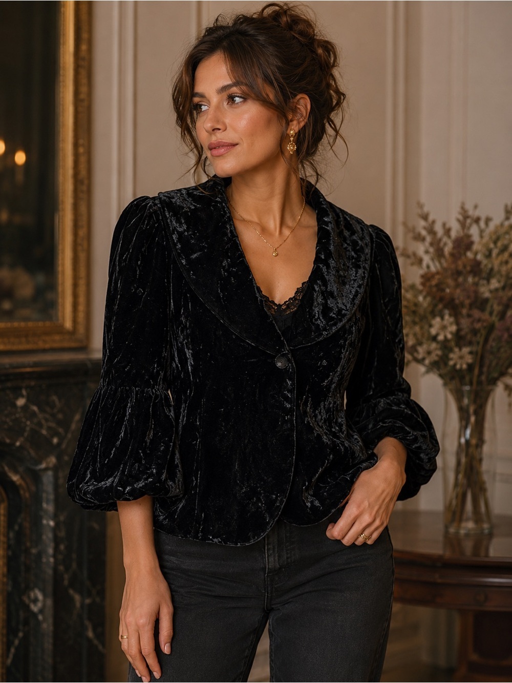 Bob Mackie Black Crushed Velvet 3/4 Sleeve Blazer Size 10 Romantic Boho Vintage